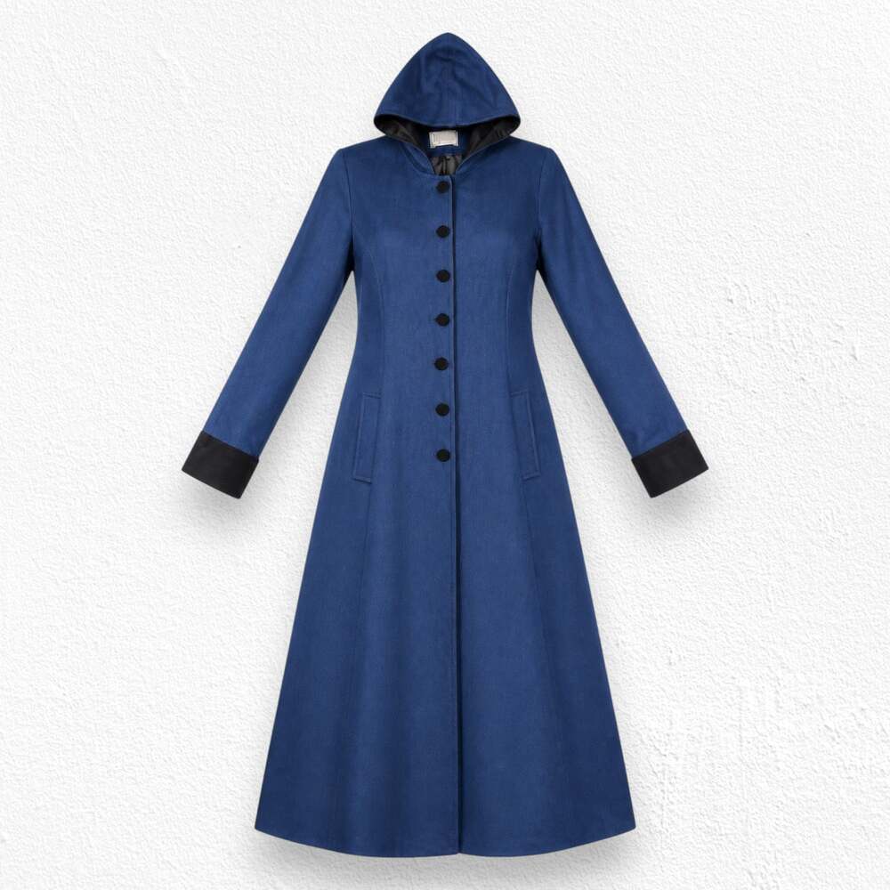 MDP Mario De Pinto Wool Hooded Maxi Princess Coat Blue Black Velvet 10 Tall